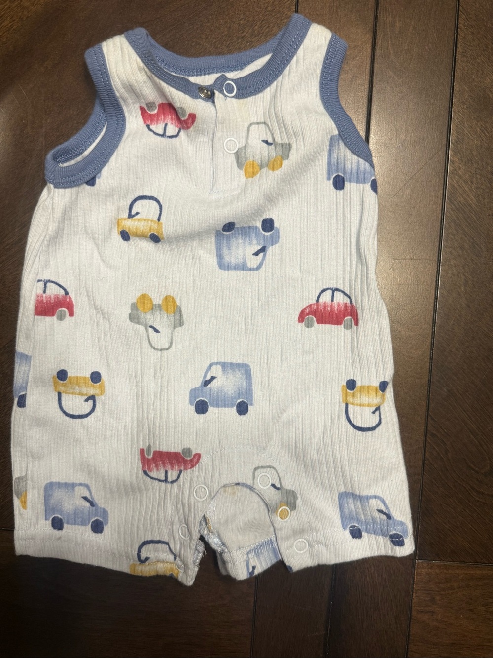 Baby Sleeveless Romper with Cute Car Print - White & Blue Trim